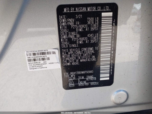 Nissan Armada Sl 4wd 2021 JN8AY2BBXM9793983 Image 9