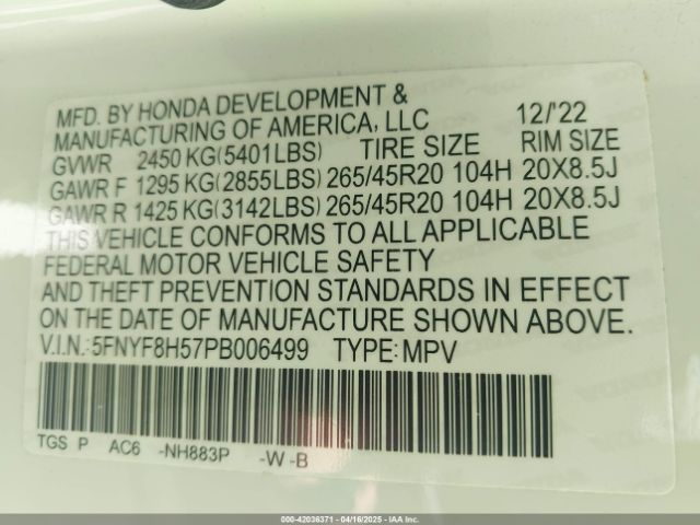 5FNYF8H57PB006499 Honda Passport Awd Ex-l