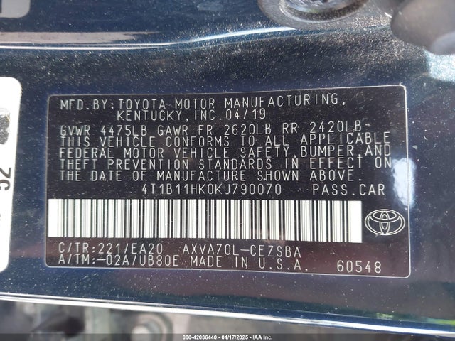4T1B11HK0KU790070 Toyota CAMRY SE