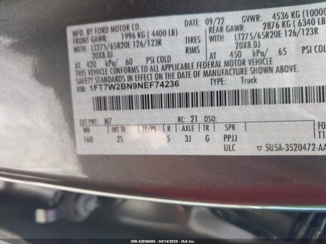 1FT7W2BN9NEF74236 Ford F-250 Xlt