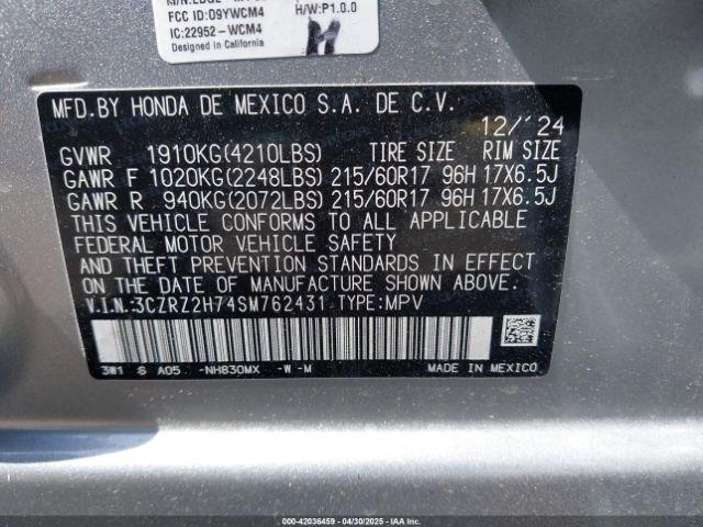 3CZRZ2H74SM762431 Honda Hr-v Awd Ex-l