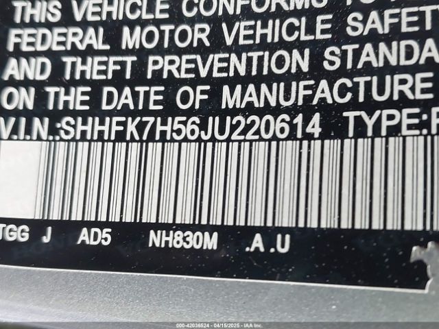 SHHFK7H56JU220614 Honda CIVIC EX