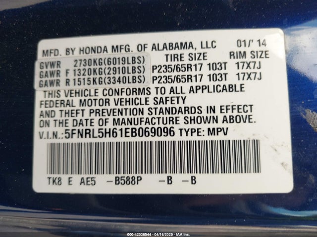5FNRL5H61EB069096 Honda Odyssey Ex-l