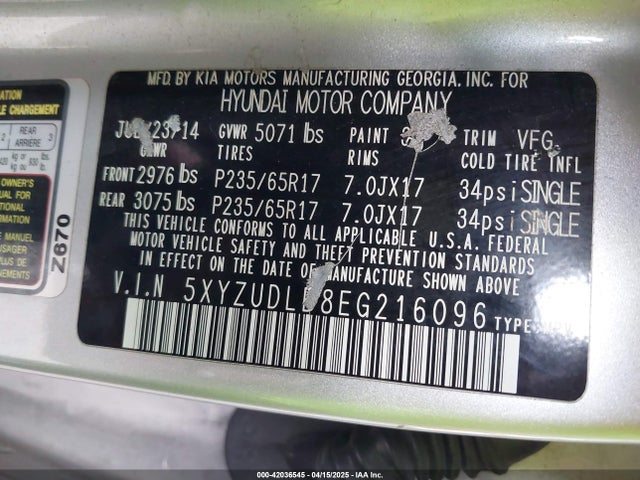 5XYZUDLB8EG216096 Hyundai Santa Fe Sport 2.4l