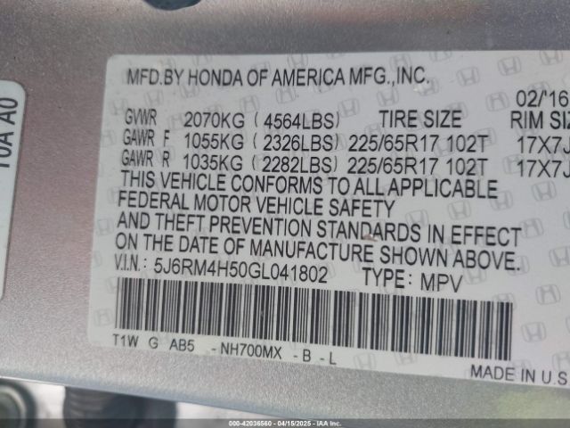 5J6RM4H50GL041802 Honda CR-V EX
