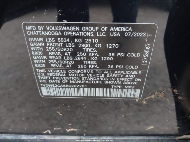 1V2WE2CA6RC202251 Volkswagen Atlas Cross Sport 2.0t Se W/technology