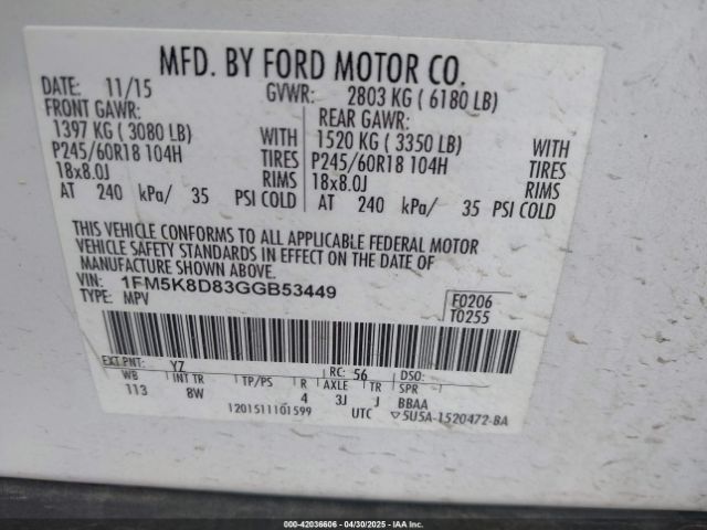 1FM5K8D83GGB53449 Ford EXPLORER XLT