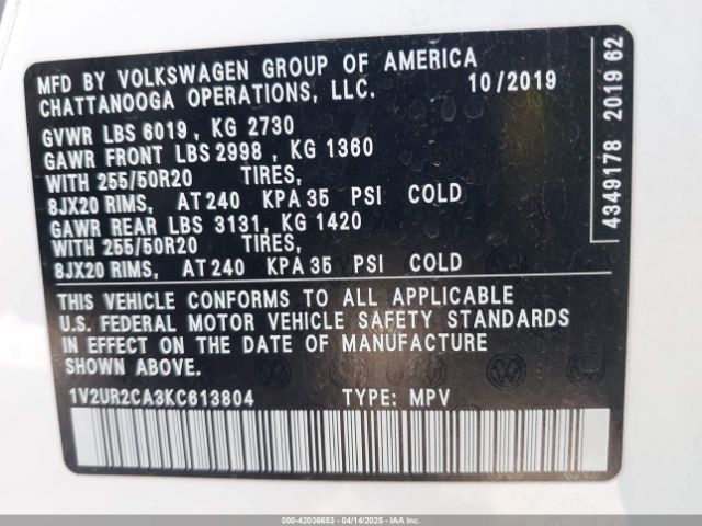 1V2UR2CA3KC613804 Volkswagen 2019