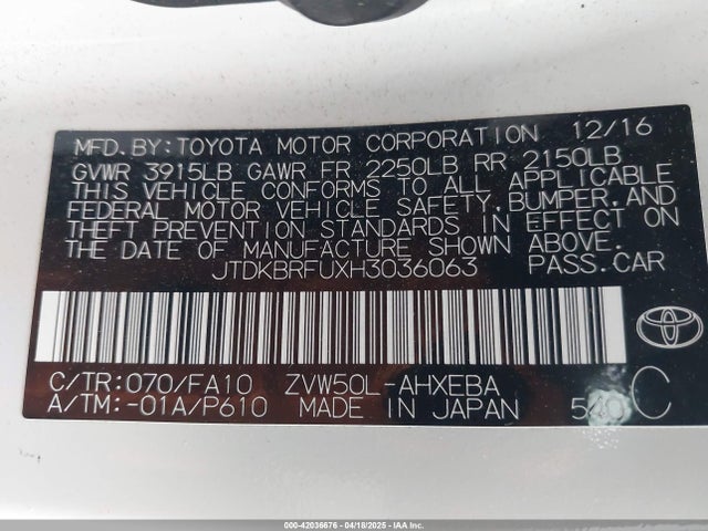 JTDKBRFUXH3036063 Toyota Prius Two