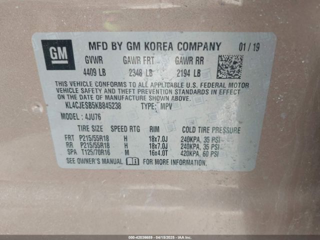 KL4CJESB5KB845238 Buick Encore Awd Preferred