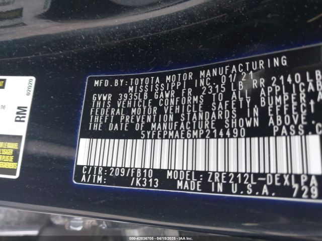 5YFEPMAE6MP214490 Toyota COROLLA LE