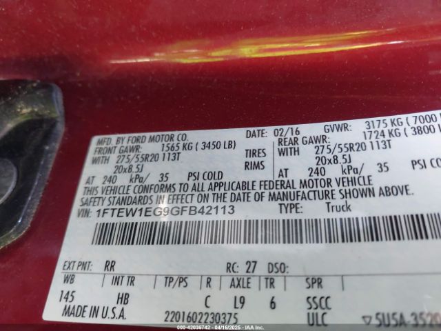 1FTEW1EG9GFB42113 Ford F-150 Lariat