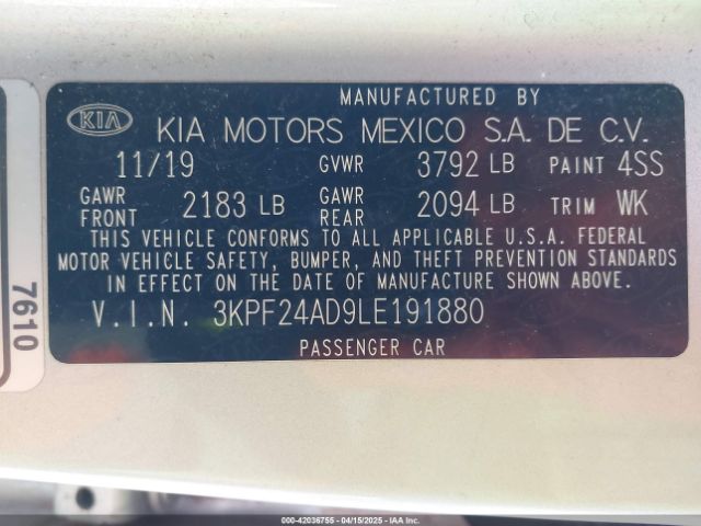 3KPF24AD9LE191880 KIA Forte Lxs
