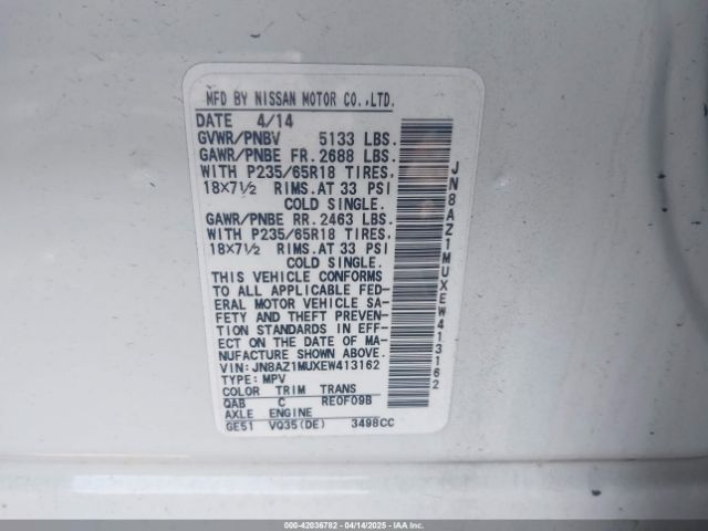 JN8AZ1MUXEW413162 Nissan MURANO SL
