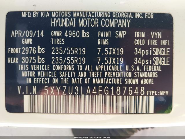 5XYZU3LA4EG187648 Hyundai Santa Fe Sport 2.0l Turbo