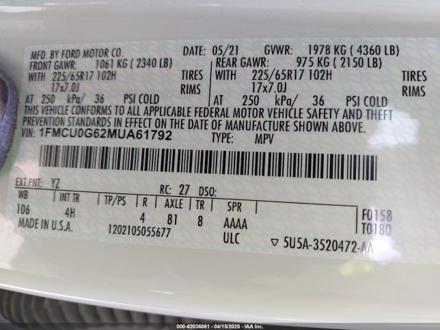1FMCU0G62MUA61792 Ford ESCAPE SE