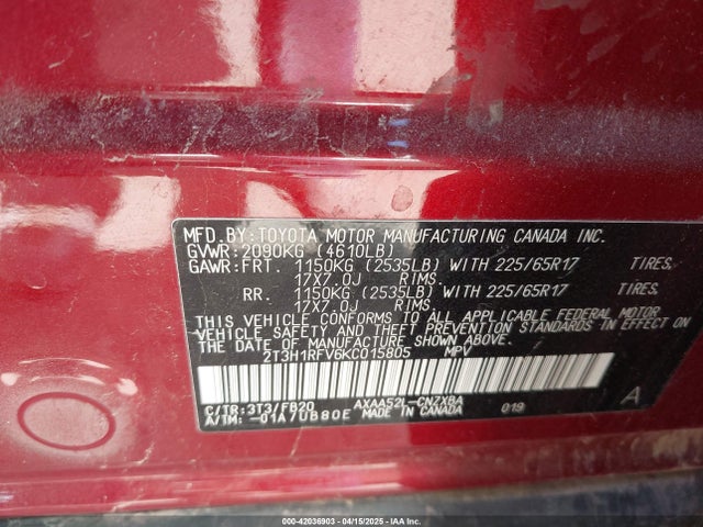 2T3H1RFV6KC015805 Toyota a25a-fks