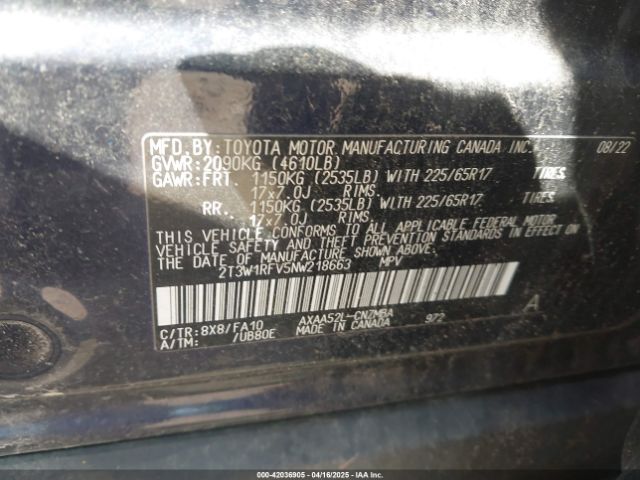 2T3W1RFV5NW218663 Toyota Rav4 Xle