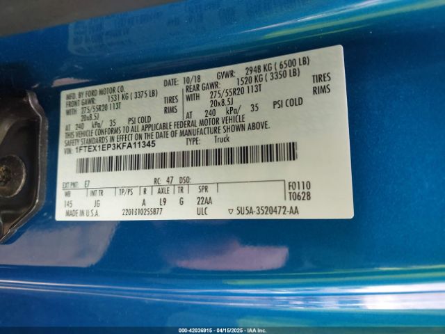 1FTEX1EP3KFA11345 Ford F-150 Xl
