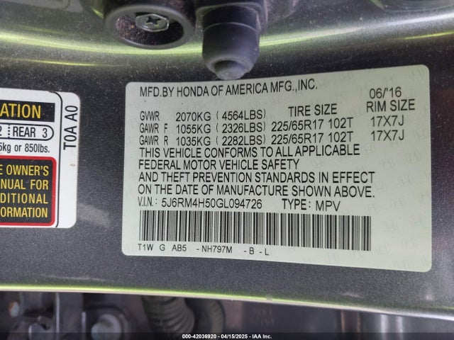 5J6RM4H50GL094726 Honda CR-V EX
