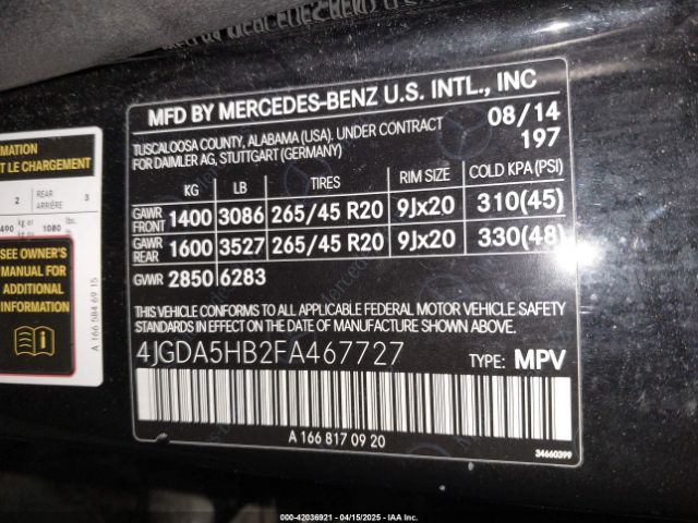4JGDA5HB2FA467727 Mercedes-Benz Ml 350 4matic
