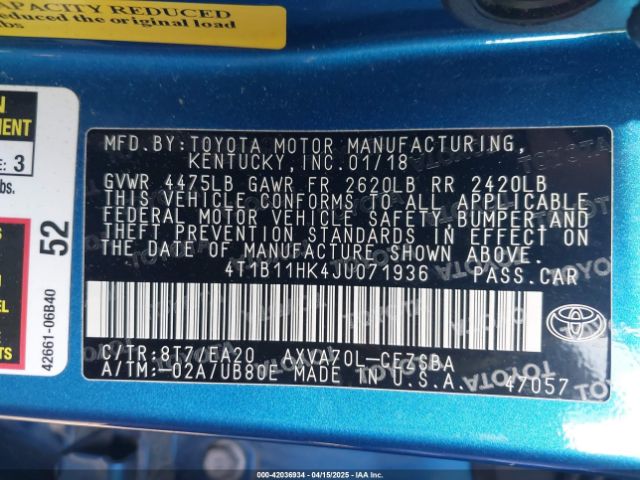4T1B11HK4JU071936 Toyota CAMRY SE