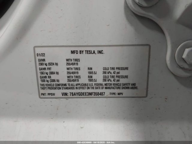 7SAYGDEE3NF358487 Tesla Model Y Long Range Dual Motor All-wheel Drive