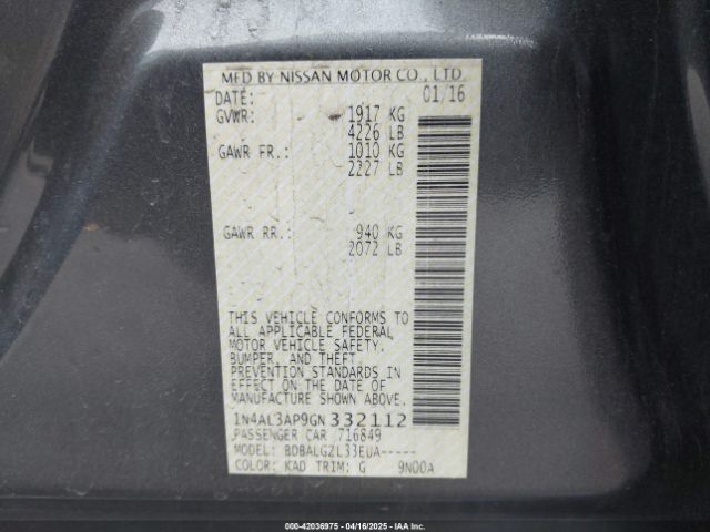 1N4AL3AP9GN332112 Nissan Altima 2.5/2.5 S/2.5 Sl/2.5 Sr/2.5 Sv
