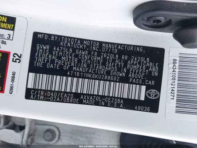 4T1B11HK6KU288602 Toyota CAMRY SE