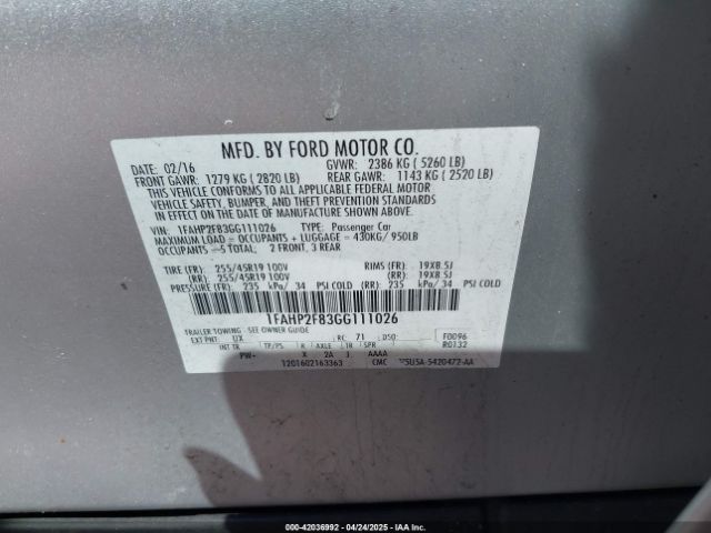 1FAHP2F83GG111026 Ford Taurus Limited