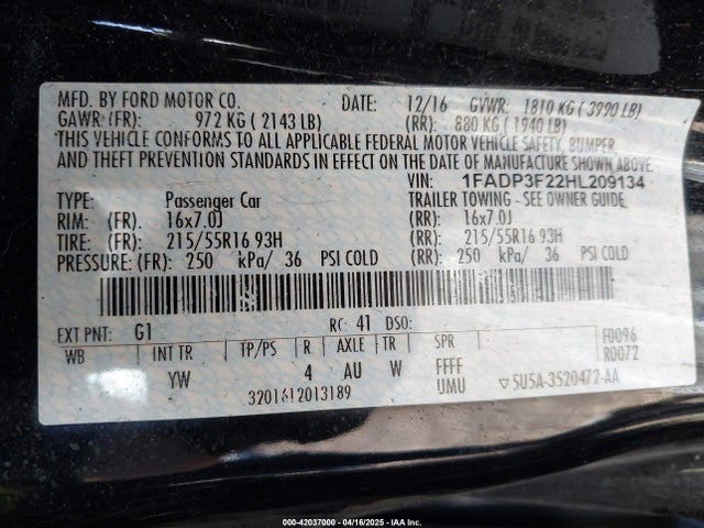1FADP3F22HL209134 Ford FOCUS SE