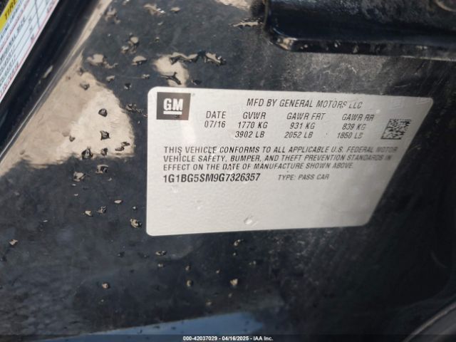 1G1BG5SM9G7326357 Chevrolet Cruze Premier Auto