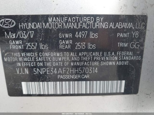 5NPE34AF2HH570314 Hyundai Sonata Limited
