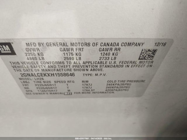 2GNALCEKXH1558646 Chevrolet EQUINOX LT