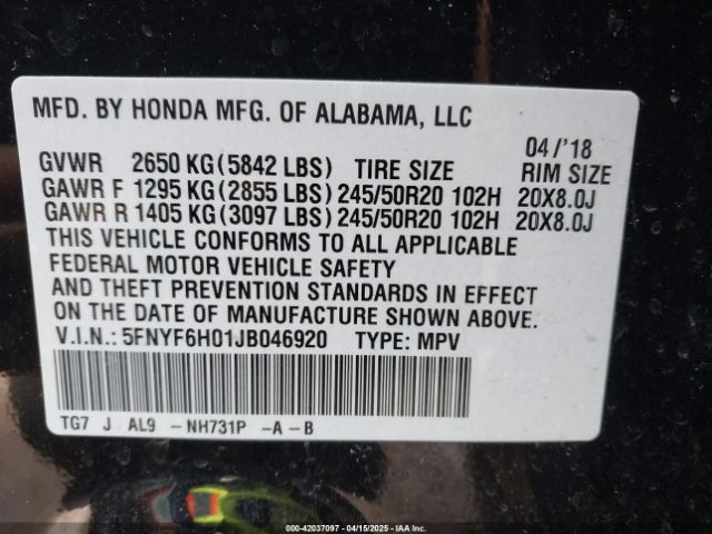 5FNYF6H01JB046920 Honda Pilot Elite