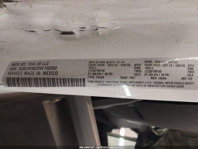 3C6LRVBG2NE102092 RAM Promaster 1500 High Roof 136 Wb