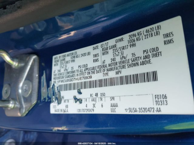 1FMCU0GD7HUE70939 Ford ESCAPE SE