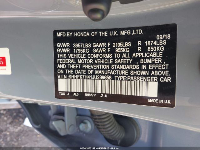 SHHFK7H41JU239658 Honda Civic Sport