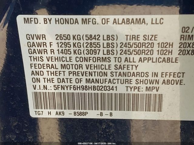 5FNYF6H98HB020341 Honda Pilot Touring