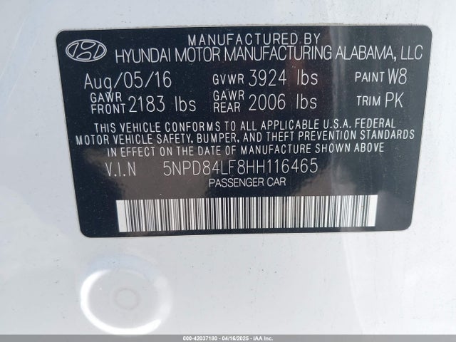 5NPD84LF8HH116465 Hyundai ELANTRA SE
