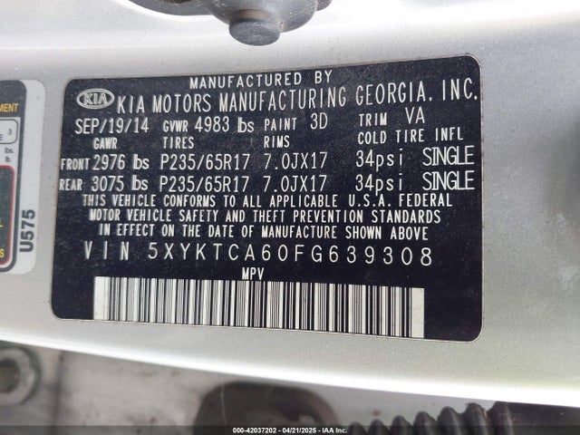 5XYKTCA60FG639308 KIA SORENTO LX