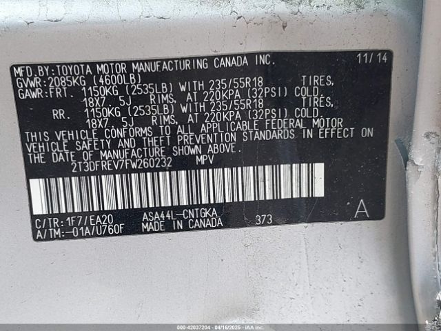 2T3DFREV7FW260232 Toyota Rav4 Limited