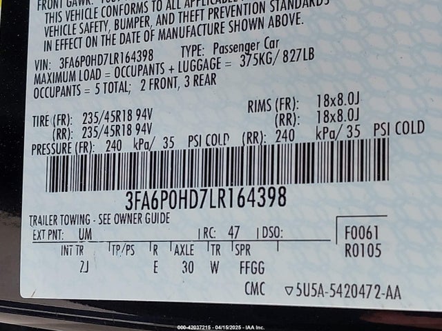 3FA6P0HD7LR164398 Ford FUSION SE