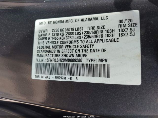 5FNRL6H20MB009280 Honda ODYSSEY LX