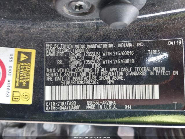 5TDBZRFHXKS982362 Toyota Highlander Le Plus
