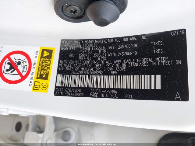 5TDJZRFH9KS609292 Toyota Highlander Xle