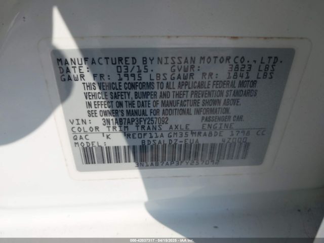 3N1AB7AP3FY257092 Nissan Sentra Fe+ S/s/sl/sr/sv