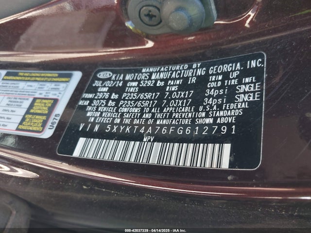 5XYKT4A76FG612791 KIA Sorento Lx V6