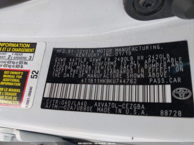 4T1B11HK8KU744762 Toyota CAMRY XLE