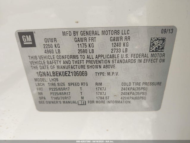 1GNALBEK0EZ106069 Chevrolet EQUINOX 1LT